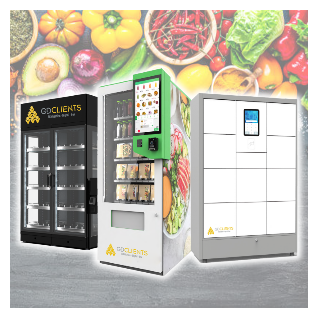 Trois distributeurs personnalisés Frigo connecté casier connecté et distributeur automatique